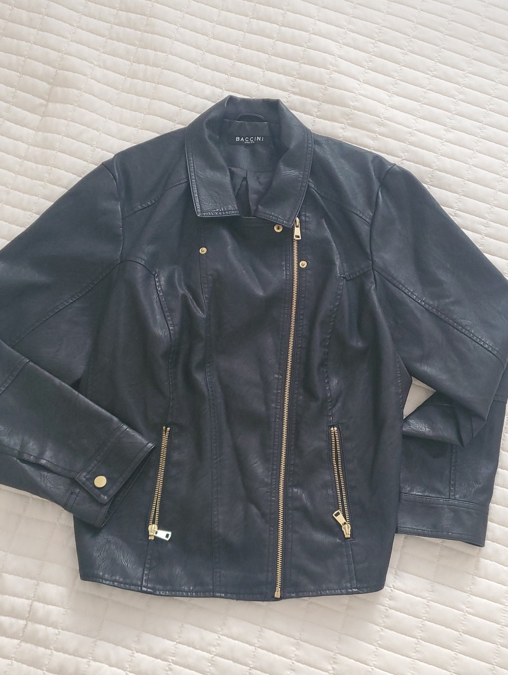 Baccini Black Faux Leather Moto Jacket with Gold Hardware